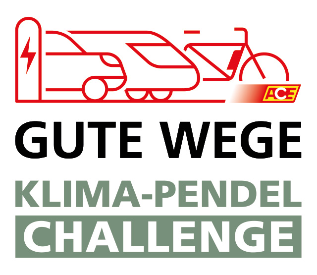 Logo der "Gute Wege Klima-Pendel Challenge", mit stilisierten Symbolen eines Autos, Wohnwagens, Fahrrads und einer Ladestation.