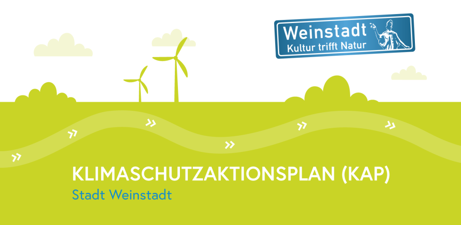 Titelbild einer Slideshow zum KAP. Oben ein Logo: Weinstadt, Kultur trifft Natur. Unten der text: Klimaschutzaktionsplan (KAP) Stadt Weinstadt.