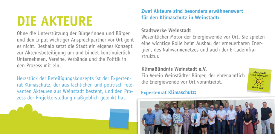 Slide mit einem Foto der Miglieder des Expertenrats Klimaschutz. Dazu werden im Text noch die Akteure Stadtwerke Weinstadt und das KlimaBünbnis Weinstadt e.V. vorgestellt.