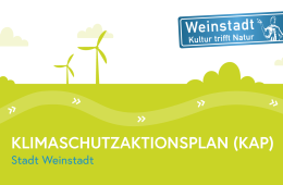 Titelbild einer Slideshow zum KAP. Oben ein Logo: Weinstadt, Kultur trifft Natur. Unten der text: Klimaschutzaktionsplan (KAP) Stadt Weinstadt.