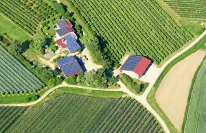 Ein landwirtschaftlicher Betrieb aus der Vogelperspektive. Umgeben von bewirtschafteten Feldern. Auf den Dächern des Hofes befindet sich eine Photovoltaikanlage. 